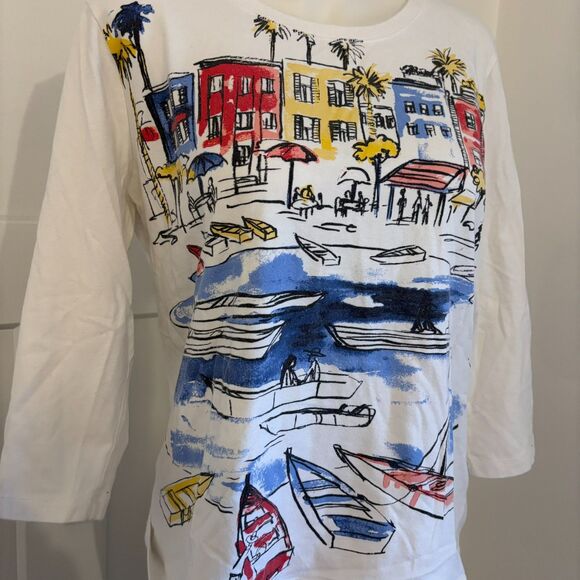 Weekends by Chico's size 2 Medium Beach Scene Graphic Print Quarter Sleeve Top - Picture 3 of 6